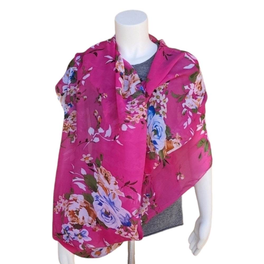 VINTAGE Oversized Infinity Chiffon Scarf Floral Wrap Shabby Chic Cottagecore - Picture 10 of 13